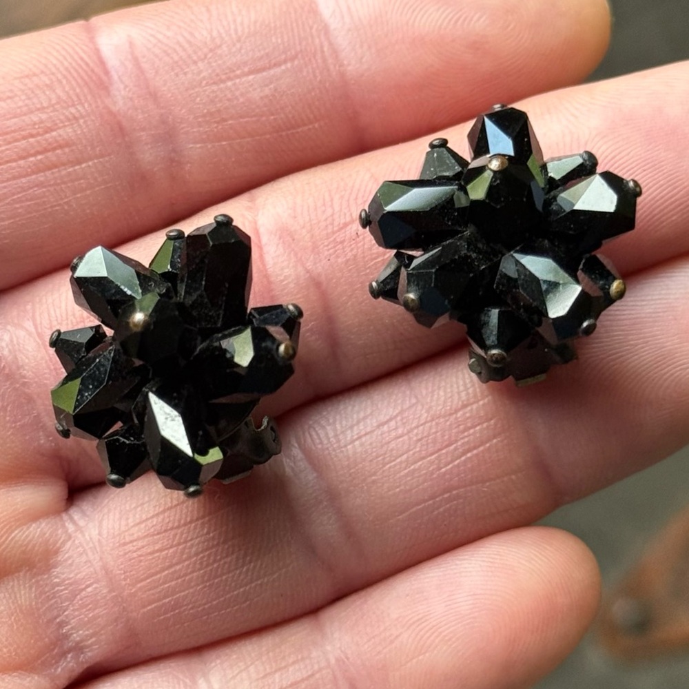 Vintage Faceted Black Crystal Beaded Clip-On Earrings; Made in Austria; 1940’s